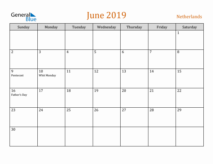 June 2019 Holiday Calendar with Sunday Start