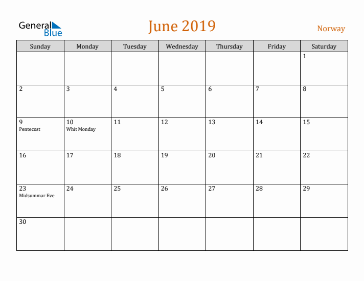 June 2019 Holiday Calendar with Sunday Start