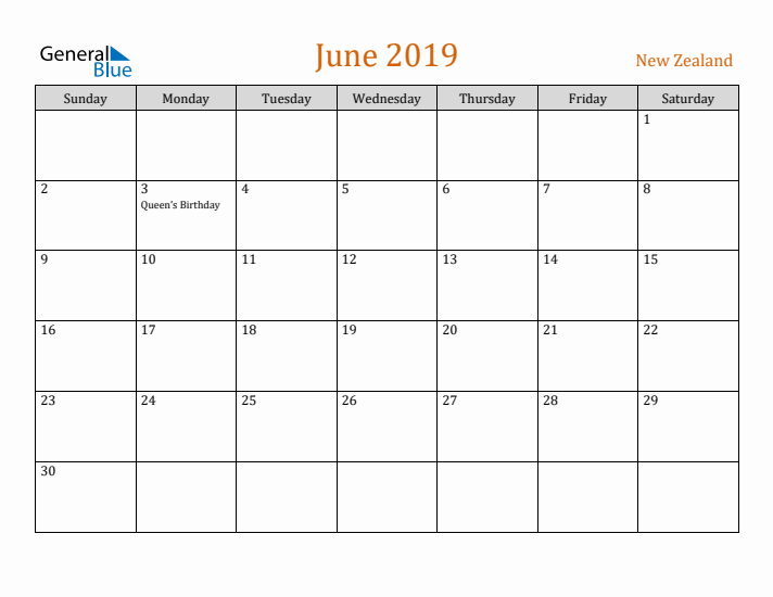 June 2019 Holiday Calendar with Sunday Start