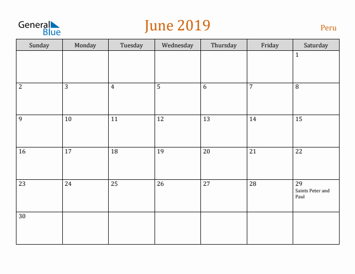 June 2019 Holiday Calendar with Sunday Start