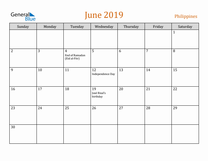 June 2019 Holiday Calendar with Sunday Start