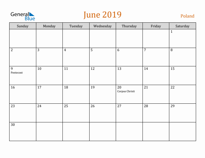 June 2019 Holiday Calendar with Sunday Start