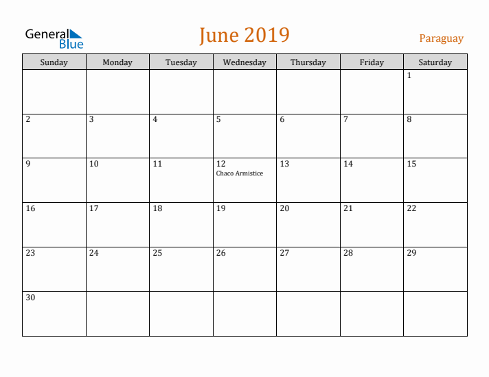 June 2019 Holiday Calendar with Sunday Start