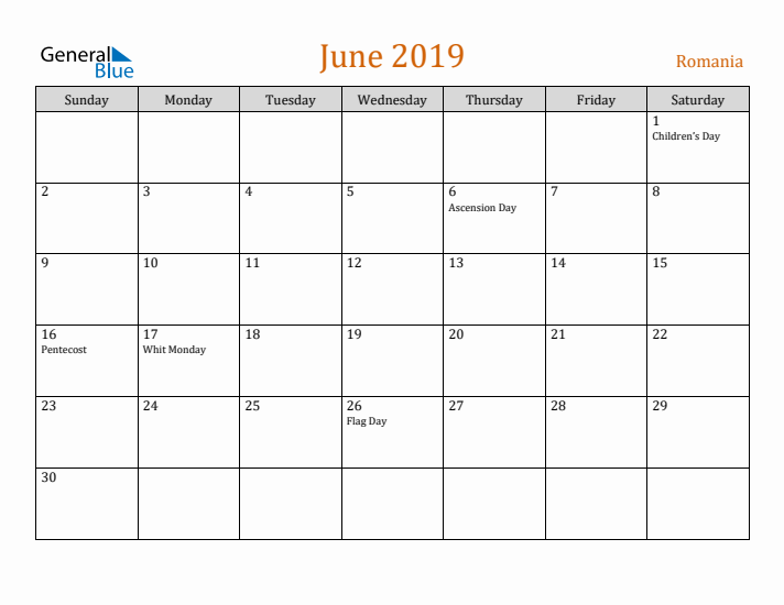 June 2019 Holiday Calendar with Sunday Start