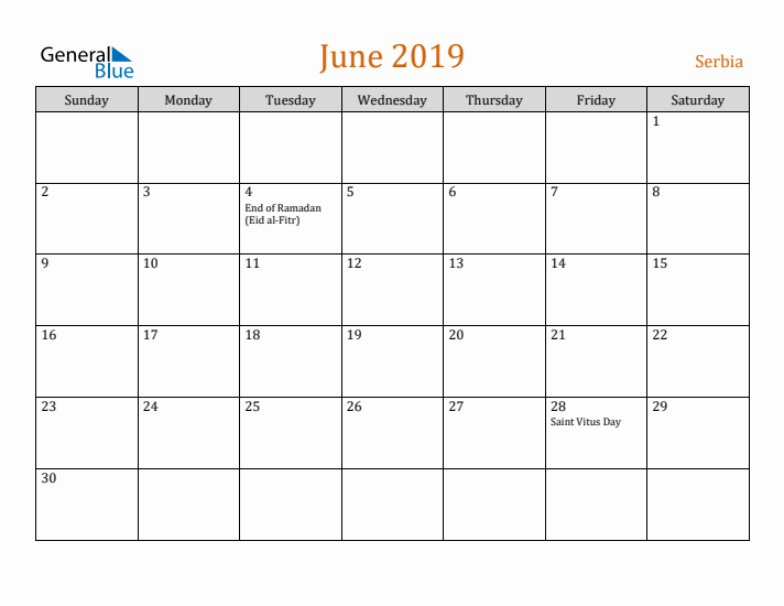 June 2019 Holiday Calendar with Sunday Start