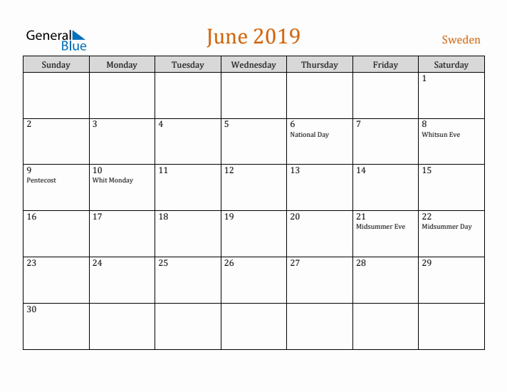 June 2019 Holiday Calendar with Sunday Start