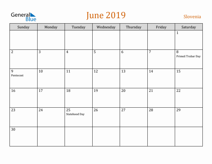 June 2019 Holiday Calendar with Sunday Start