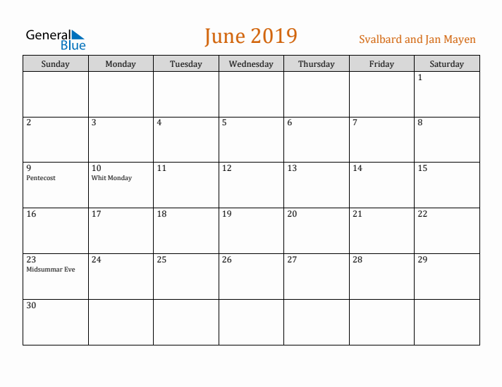 June 2019 Holiday Calendar with Sunday Start