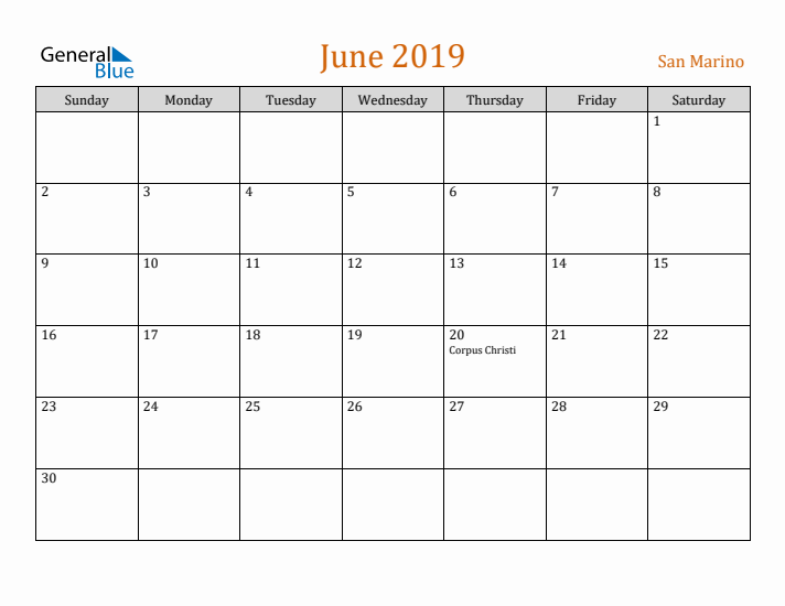 June 2019 Holiday Calendar with Sunday Start