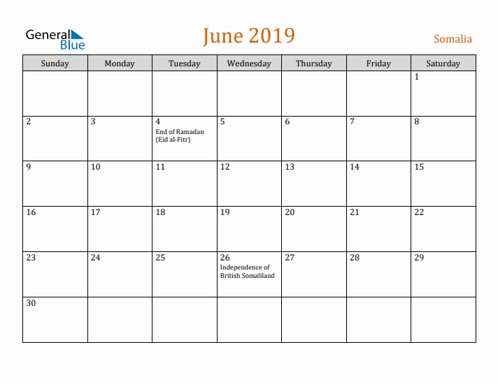 June 2019 Holiday Calendar with Sunday Start