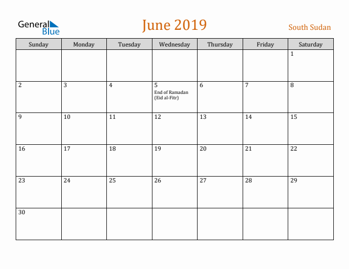 June 2019 Holiday Calendar with Sunday Start