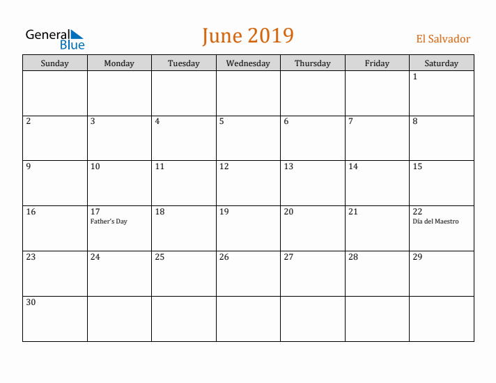 June 2019 Holiday Calendar with Sunday Start