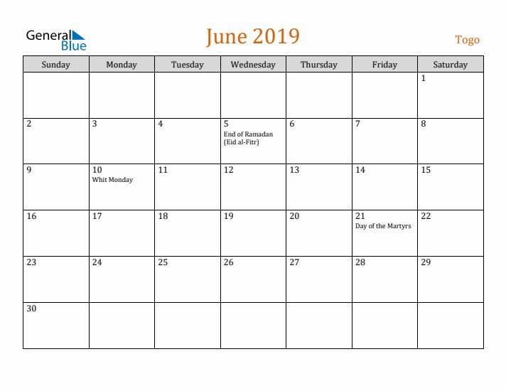 June 2019 Holiday Calendar with Sunday Start