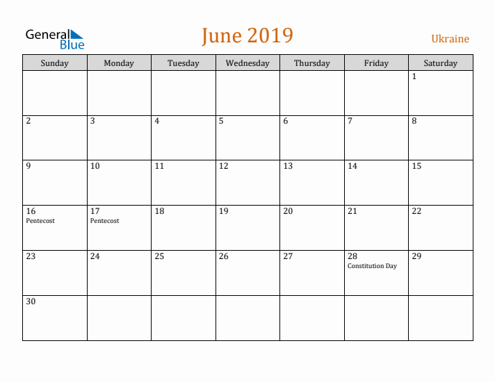 June 2019 Holiday Calendar with Sunday Start