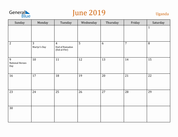 June 2019 Holiday Calendar with Sunday Start