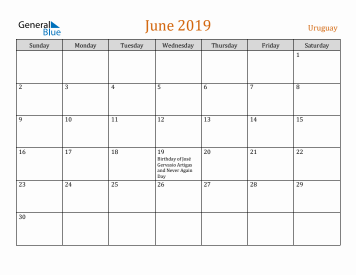 June 2019 Holiday Calendar with Sunday Start