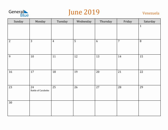 June 2019 Holiday Calendar with Sunday Start