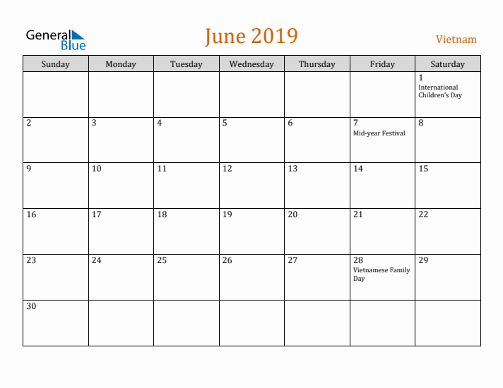 June 2019 Holiday Calendar with Sunday Start