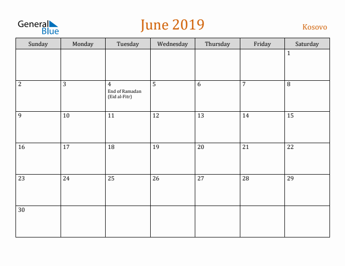 June 2019 Holiday Calendar with Sunday Start