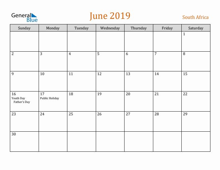 June 2019 Holiday Calendar with Sunday Start