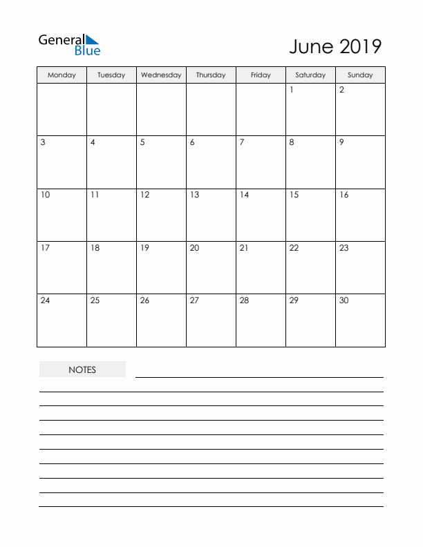 Printable Calendar with Notes - June 2019 