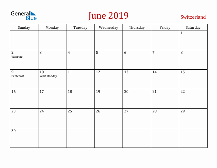 Switzerland June 2019 Calendar - Sunday Start