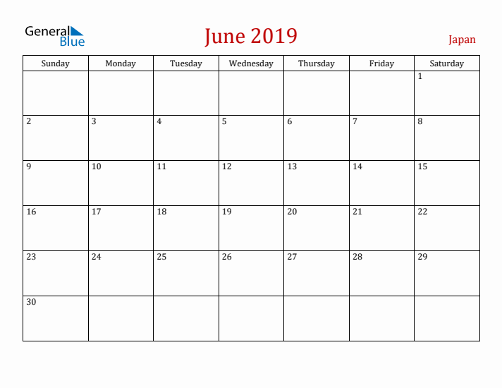 Japan June 2019 Calendar - Sunday Start