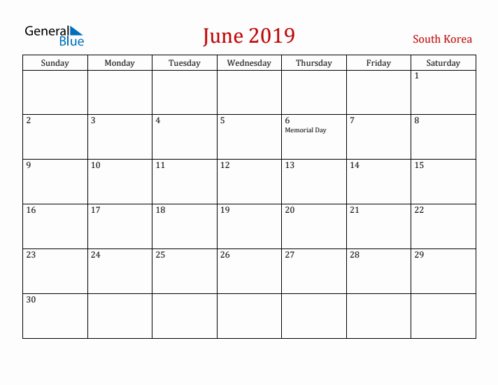 South Korea June 2019 Calendar - Sunday Start