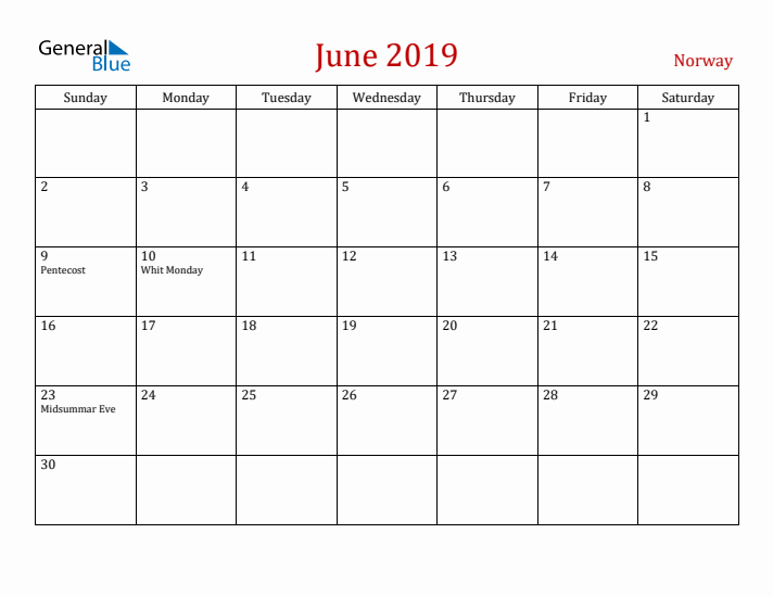 Norway June 2019 Calendar - Sunday Start