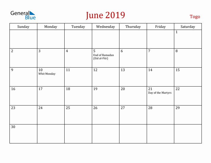 Togo June 2019 Calendar - Sunday Start