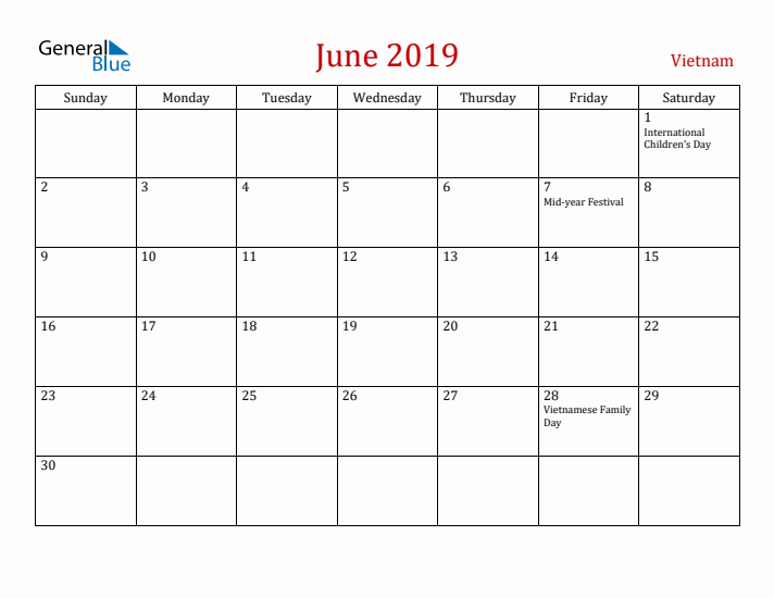 Vietnam June 2019 Calendar - Sunday Start