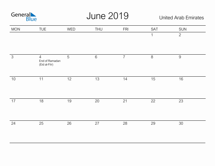 Printable June 2019 Calendar for United Arab Emirates