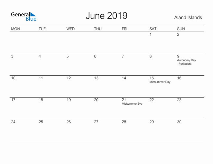 Printable June 2019 Calendar for Aland Islands