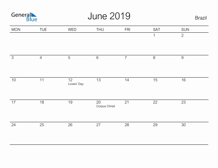 Printable June 2019 Calendar for Brazil