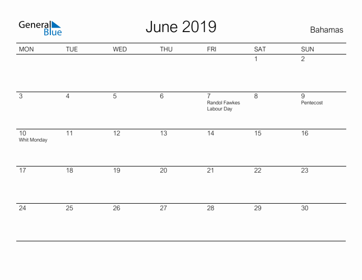 Printable June 2019 Calendar for Bahamas