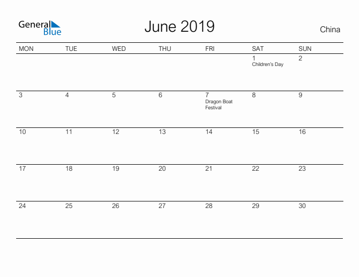 Printable June 2019 Calendar for China