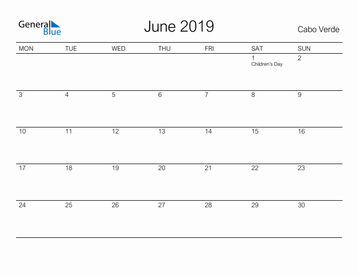 Printable June 2019 Calendar for Cabo Verde