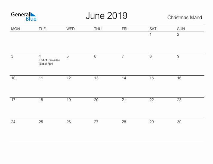 Printable June 2019 Calendar for Christmas Island