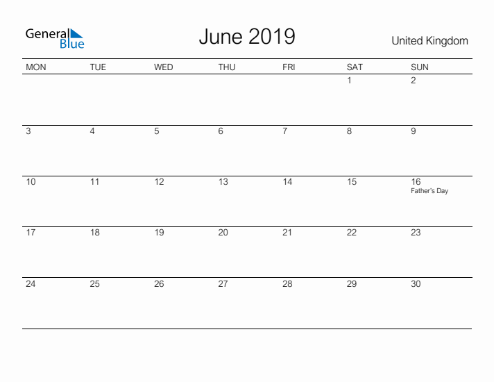 Printable June 2019 Calendar for United Kingdom