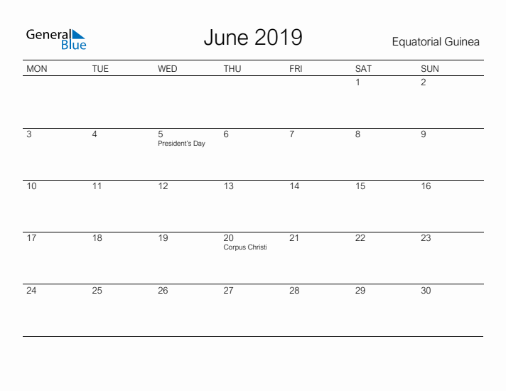 Printable June 2019 Calendar for Equatorial Guinea