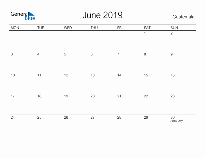 Printable June 2019 Calendar for Guatemala