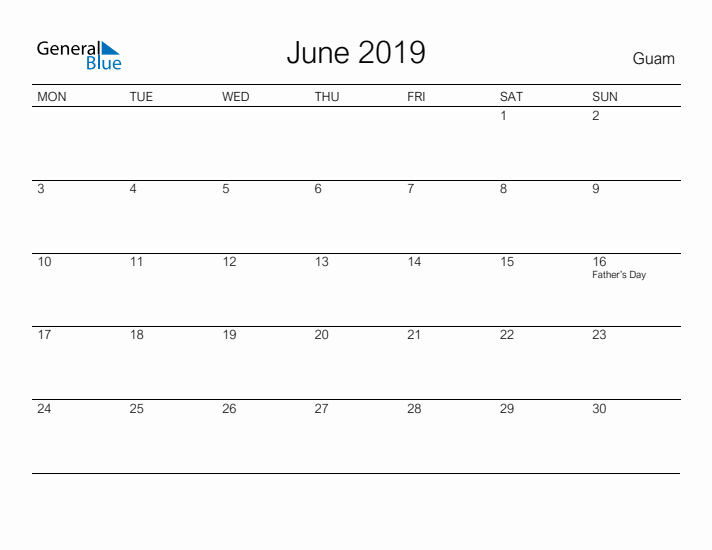 Printable June 2019 Calendar for Guam