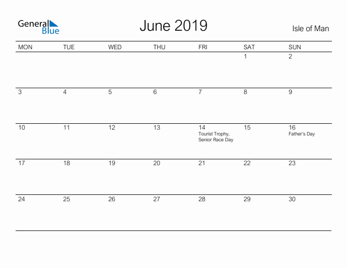 Printable June 2019 Calendar for Isle of Man