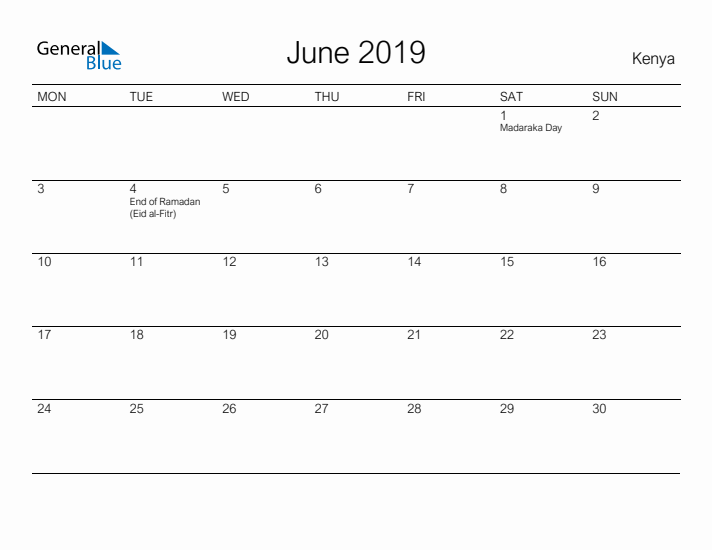 Printable June 2019 Calendar for Kenya