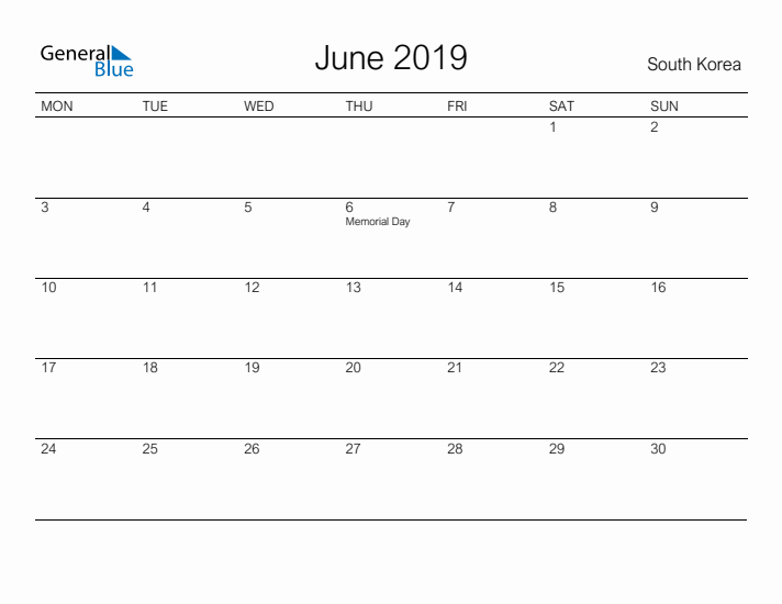 Printable June 2019 Calendar for South Korea