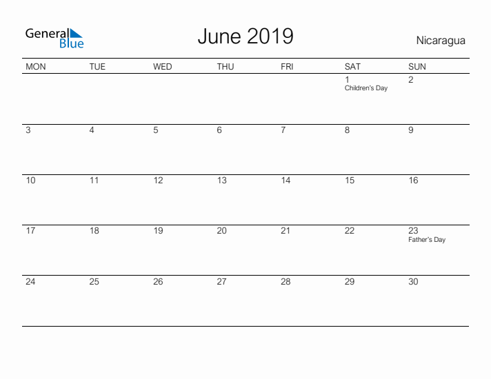 Printable June 2019 Calendar for Nicaragua