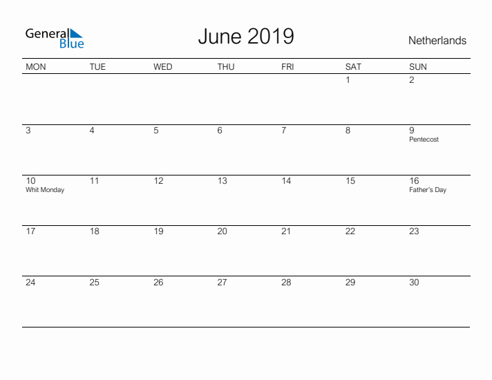 Printable June 2019 Calendar for The Netherlands