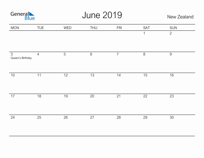 Printable June 2019 Calendar for New Zealand