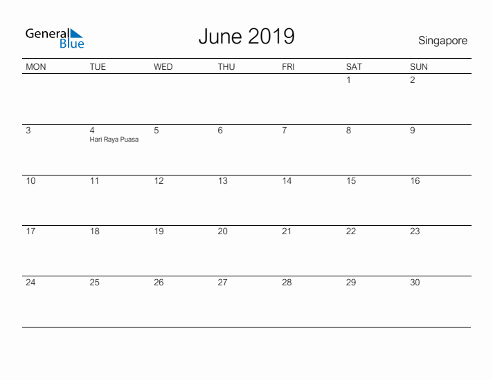 Printable June 2019 Calendar for Singapore