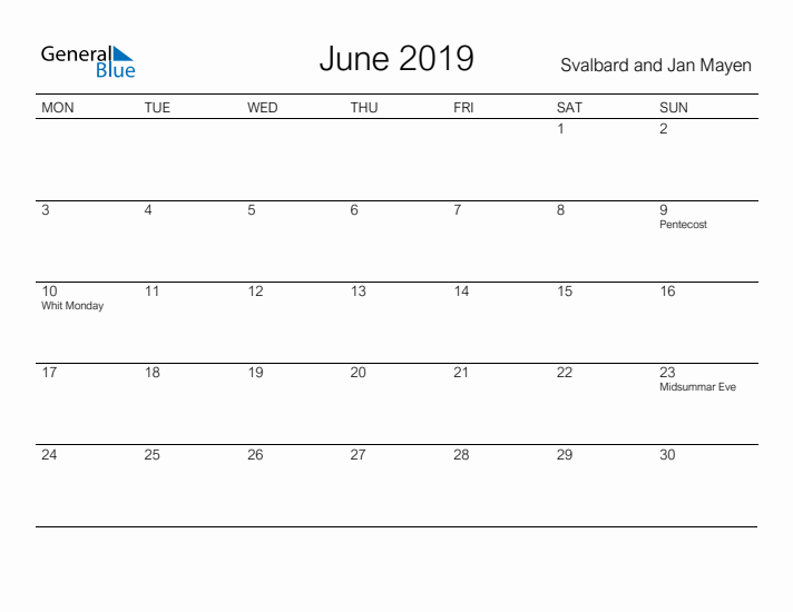 Printable June 2019 Calendar for Svalbard and Jan Mayen